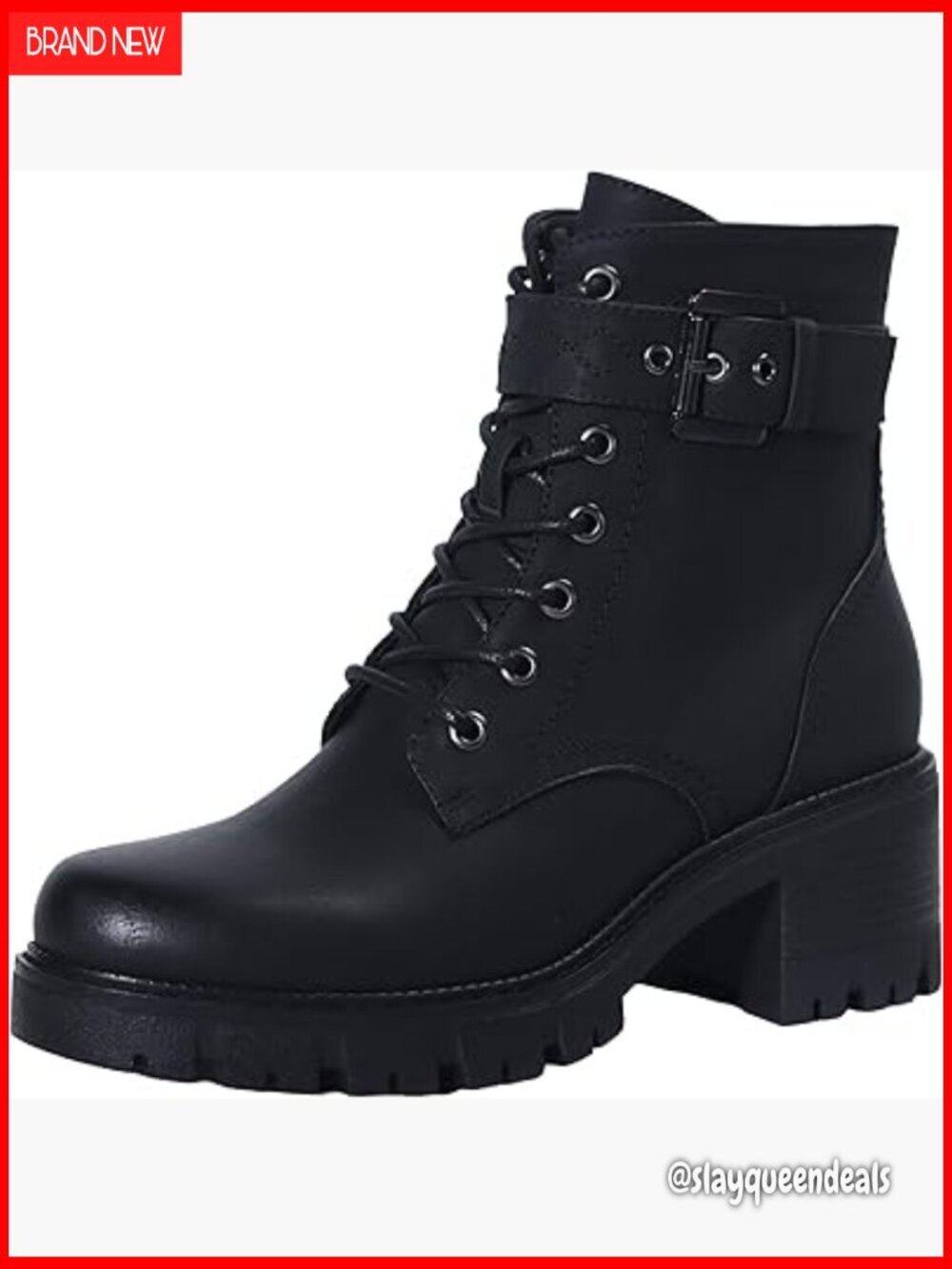 Women's Combat Boots Chunky Heel Ankle Booties Side Zipper Buckle Lace Up